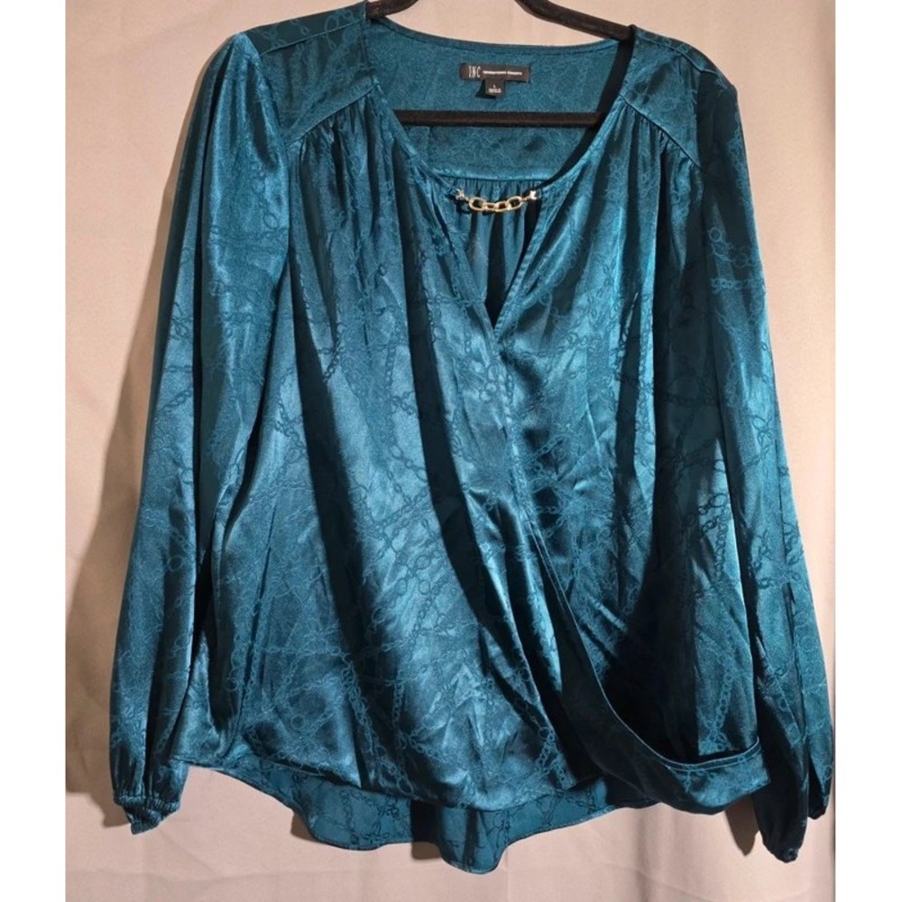 INC International Concepts Teal Blue Chain Jacquard Satin Wrap Blouse Large